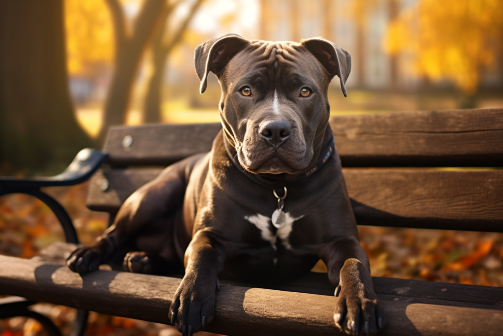 nz5444 A Staffordshire Bull Terrier sits proudly in a park its f9aeb422 7ba5 4167 8712 c00b917dce5f